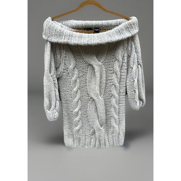 VTG Moda International Y2K Off Shoulder Wool Chunky Cable Knit Sweater Gray M - Picture 2 of 7
